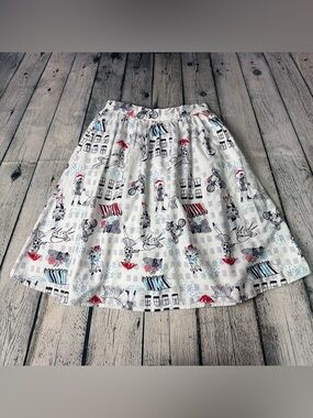 ModCloth Rainy Day in Paris Skirt Cotton A-Line White Red Blue Accent Size Small